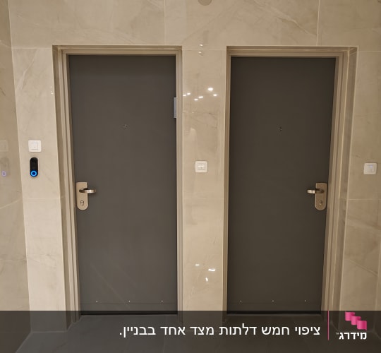 שתי דלתות אפורות עם ידיות מתכת